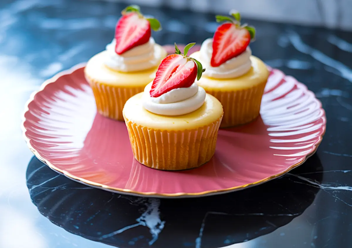 Close-up of three cheesecake cupcakes on a pink plate, each topped with whipped cream swirl and a fresh strawberry half, set on a marble counter.