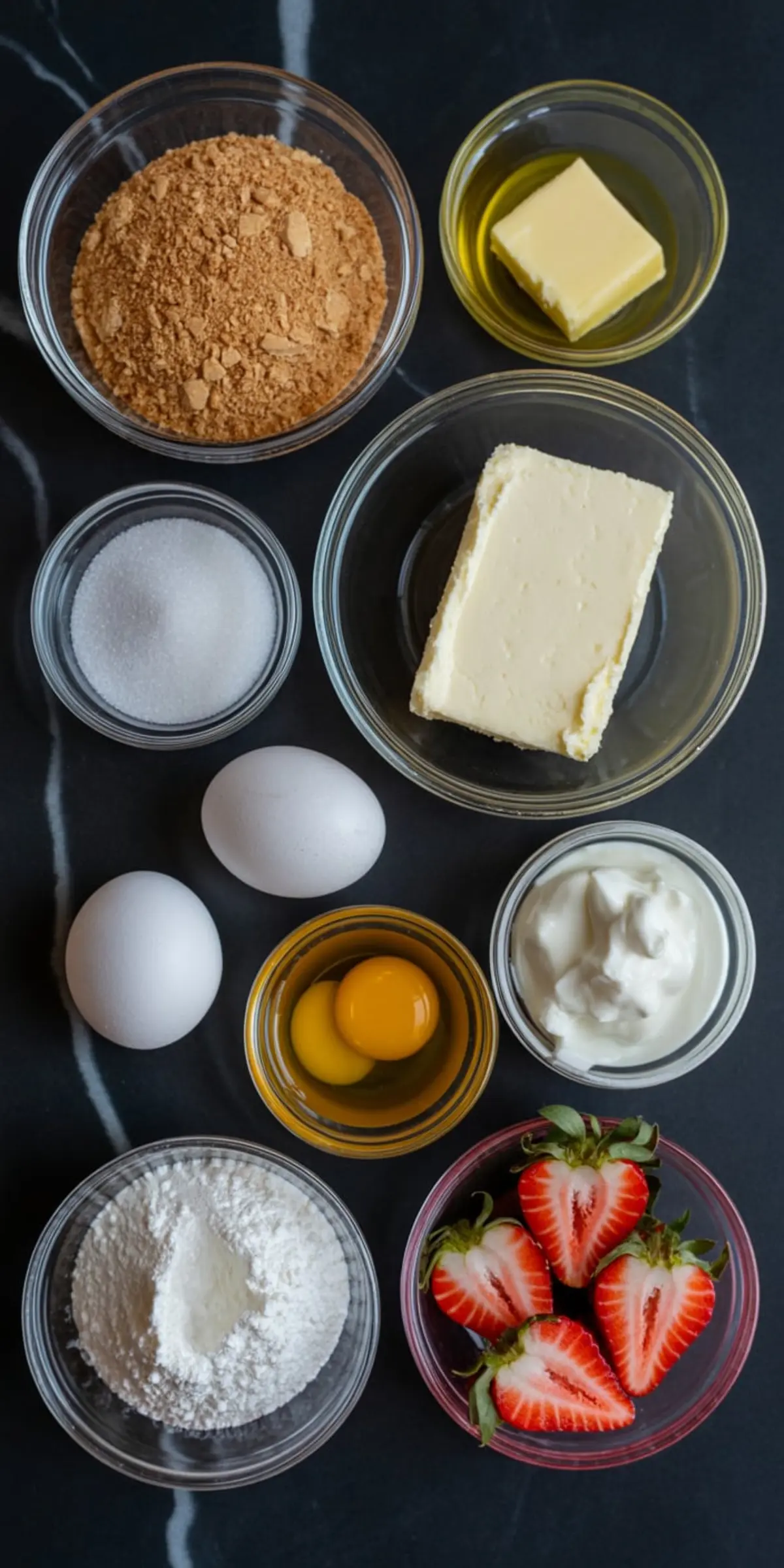 Overhead view of individual cheesecake ingredients including graham cracker crumbs, butter, oil, sugar, eggs, cream cheese, yogurt, powdered sugar, and fresh strawberries arranged in small glass bowls.