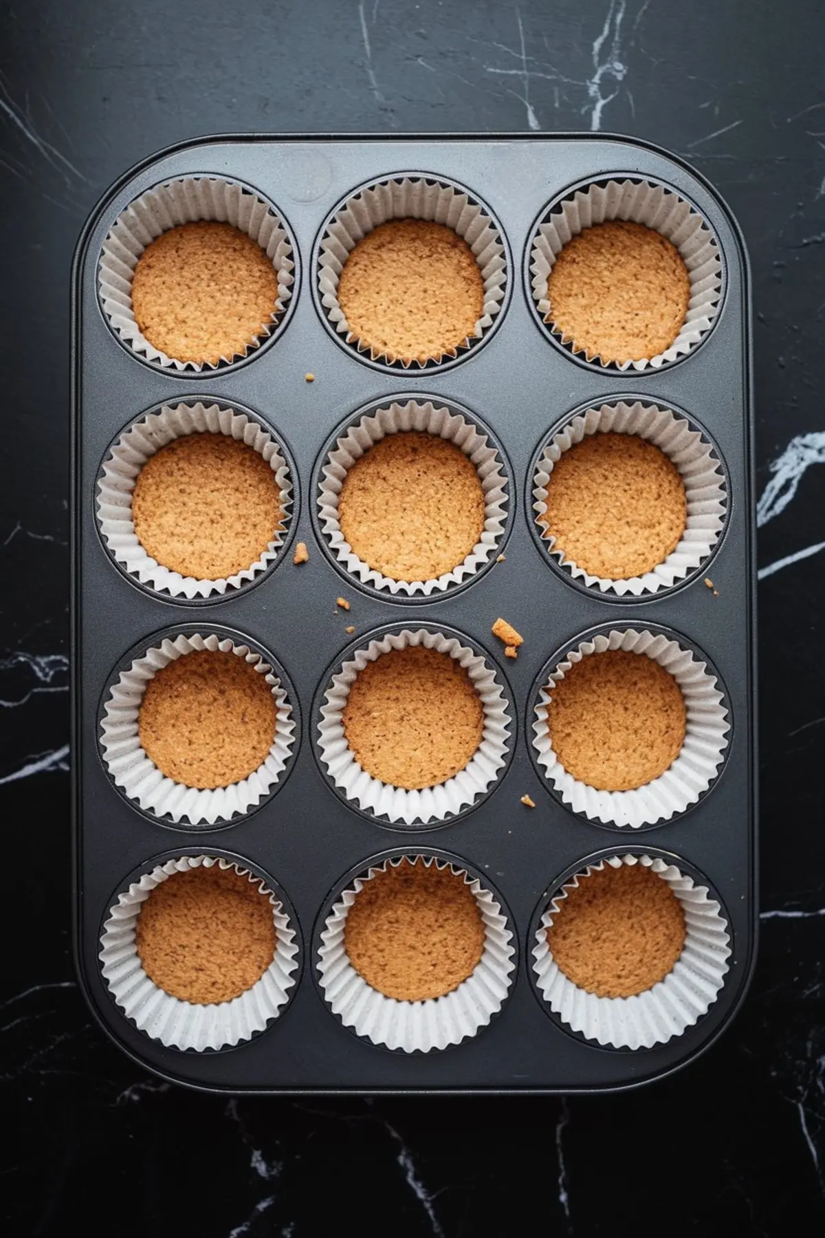 Muffin tin lined with white paper cupcake liners, each holding a golden graham cracker crust base, on a dark marble surface.