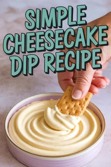 Hand dipping a graham cracker into a bowl of thick, swirled cheesecake dip, set against a soft surface with “Simple Cheesecake Dip Recipe” text overlay in teal font.