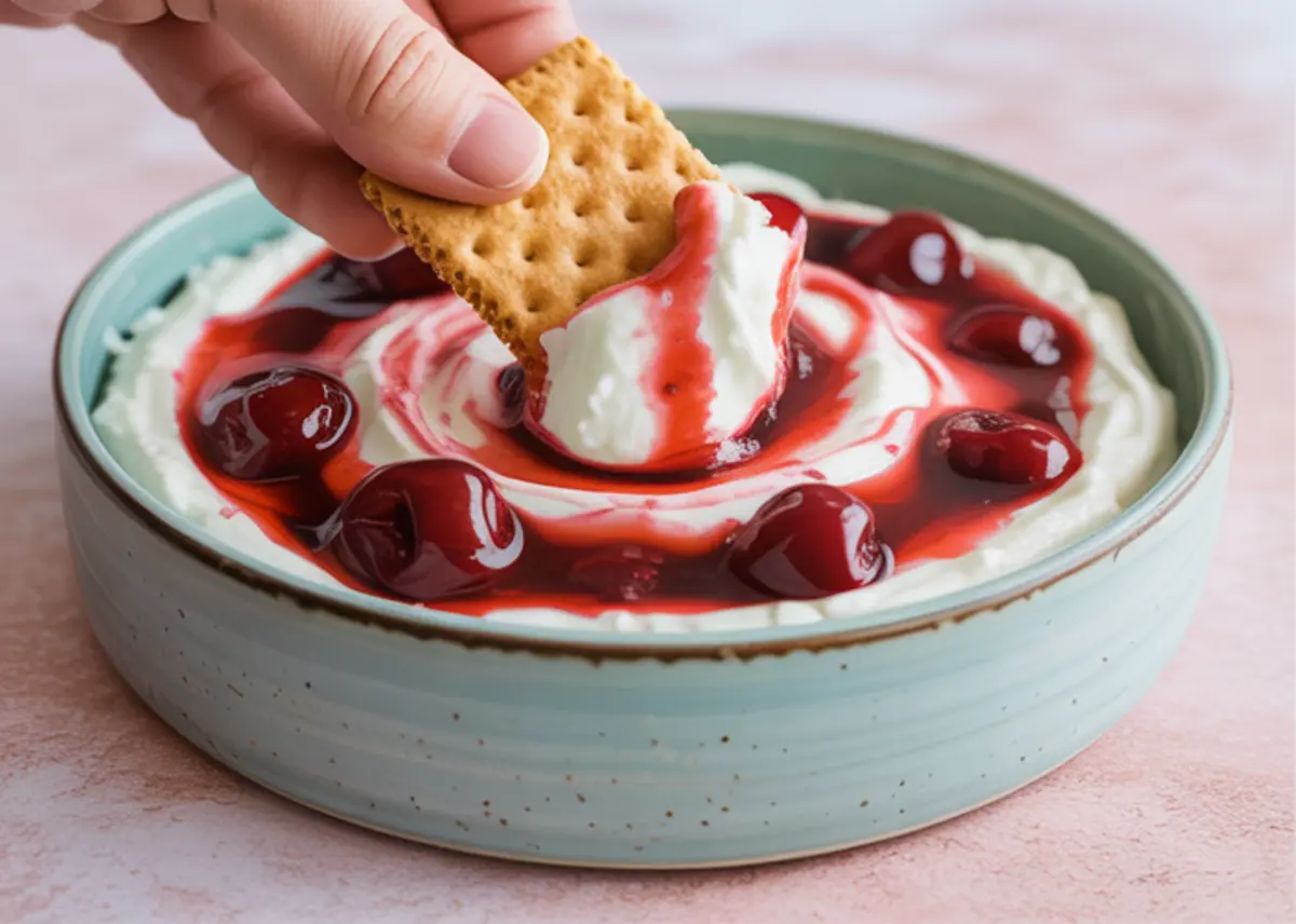 Hand dipping a graham cracker into a creamy cherry cheesecake dip, swirled with vibrant red cherry sauce and whole cherries, served in a light turquoise bowl.
