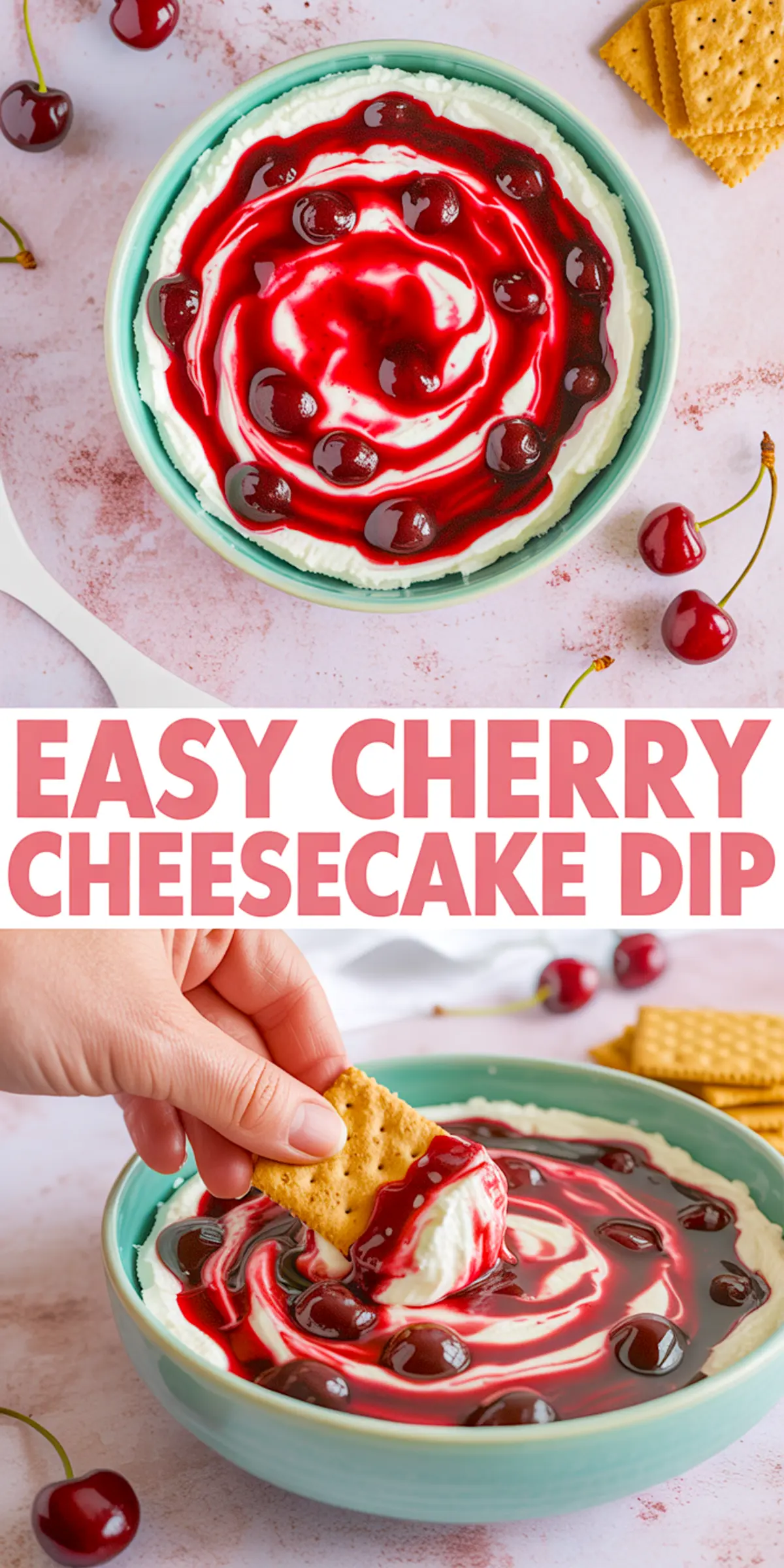 Close-up of creamy cherry cheesecake dip with thick swirls of cherry sauce and whole cherries, with a hand dipping a graham cracker, against a pastel pink backdrop.
