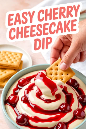 Close-up of easy cherry cheesecake dip in a teal bowl, showing thick swirls of creamy cheesecake filling layered with vibrant cherry sauce and whole cherries, with a hand dipping a graham cracker.