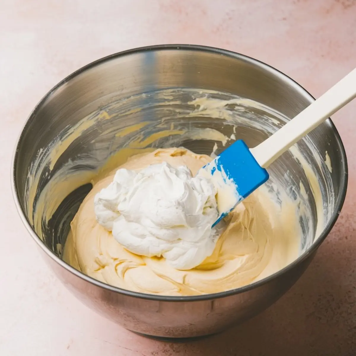 Whipped topping added into the creamy cheesecake mixture in a stainless steel bowl, with a blue silicone spatula resting on top, ready to be folded together.
