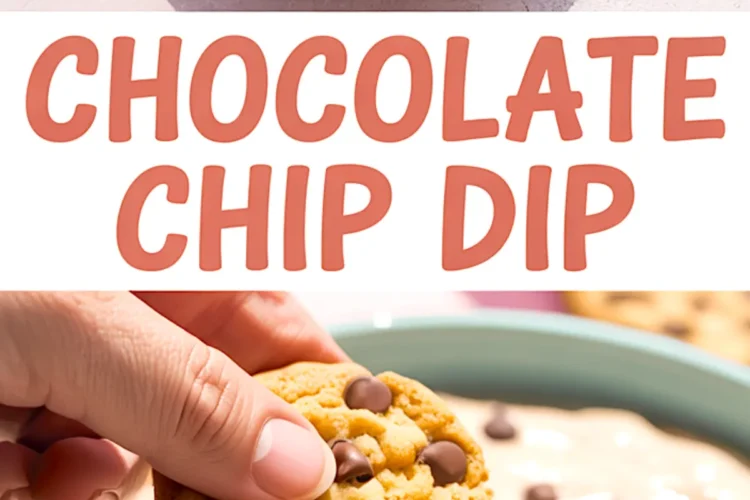 Vertical collage showing a top view of chocolate chip dip in a teal bowl and a hand dipping a cookie, with bold text reading “Chocolate Chip Dip.”