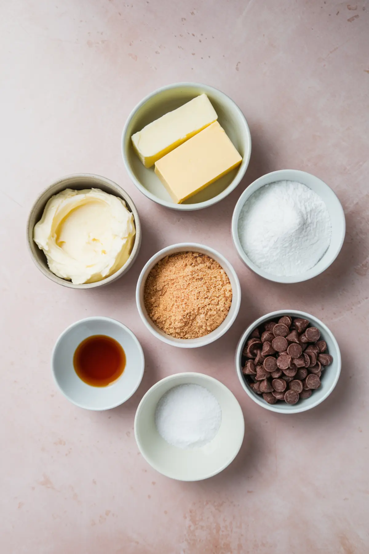 Flat lay of chocolate chip dip ingredients including butter, powdered sugar, cream cheese, brown sugar, chocolate chips, vanilla extract, and salt in ceramic bowls on a light pink background.