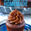 Single homemade chocolate cupcake with glossy chocolate frosting, placed on a blue plate with a bold text overlay that reads “Chocolate Cupcakes Homemade.”