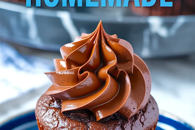 Single homemade chocolate cupcake with glossy chocolate frosting, placed on a blue plate with a bold text overlay that reads “Chocolate Cupcakes Homemade.”