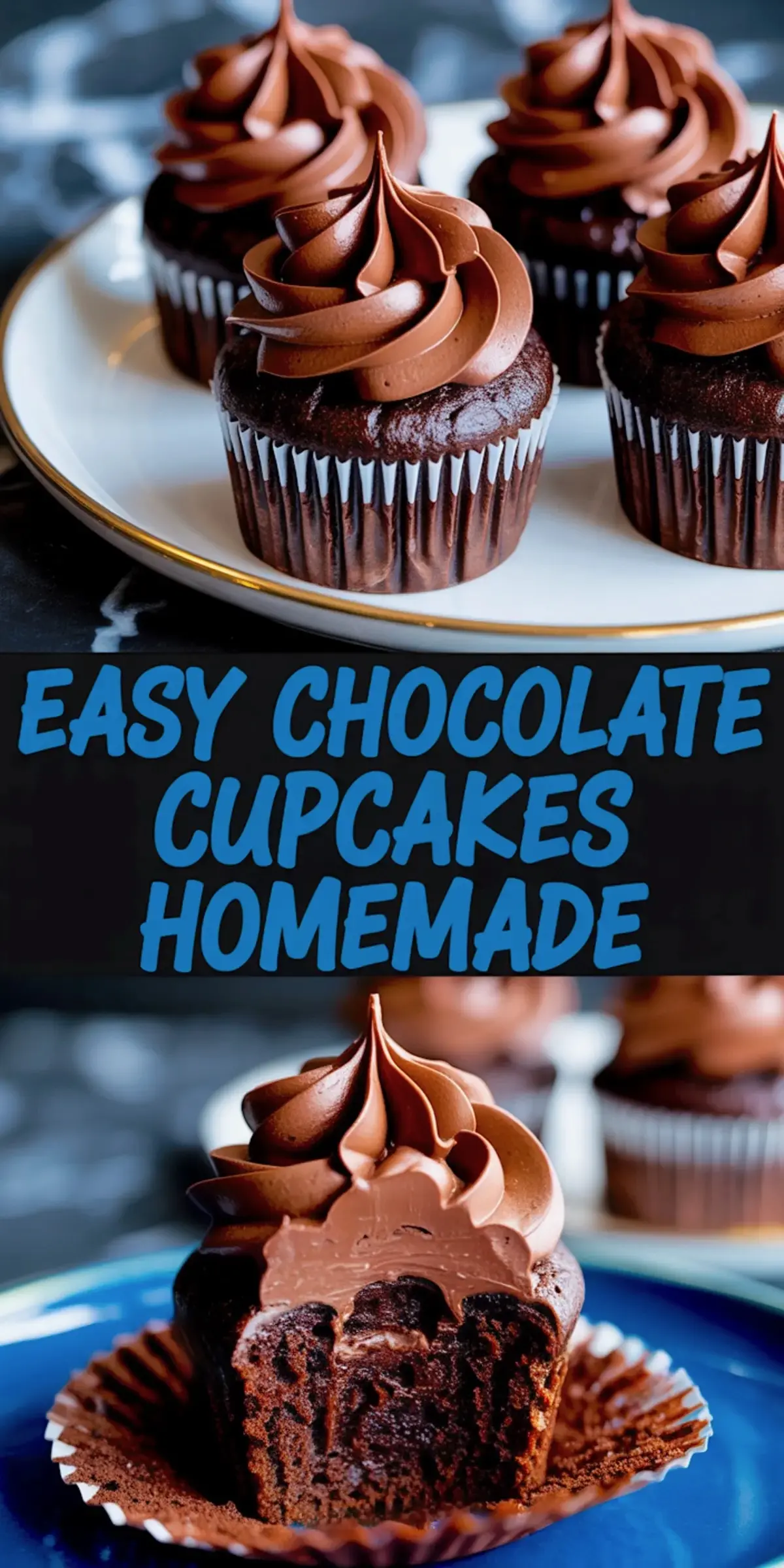 Collage featuring a plate of frosted chocolate cupcakes and a close-up of a bitten cupcake with fluffy chocolate frosting and tender cake.