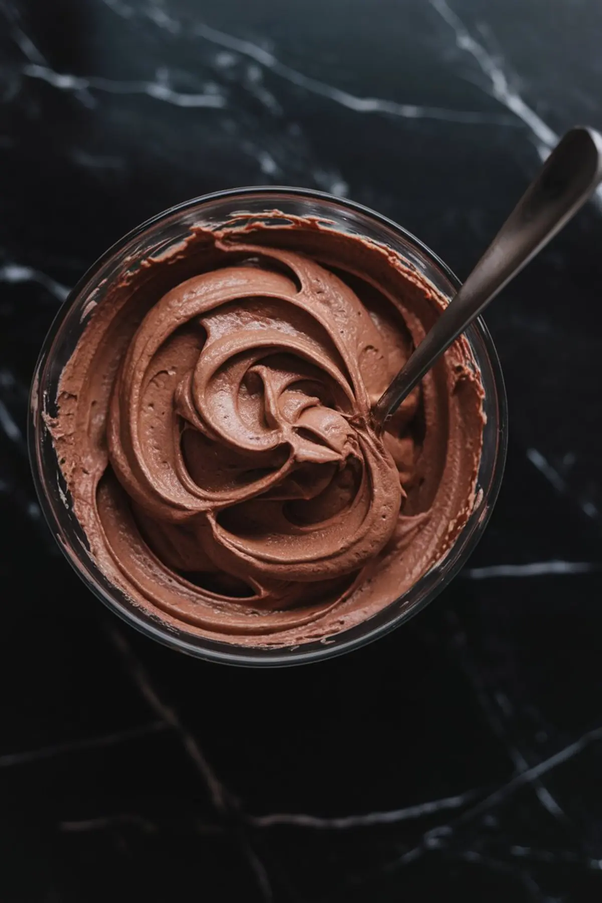 Overhead shot of a bowl filled with whipped chocolate frosting, showing smooth, creamy texture with a spoon resting in it.