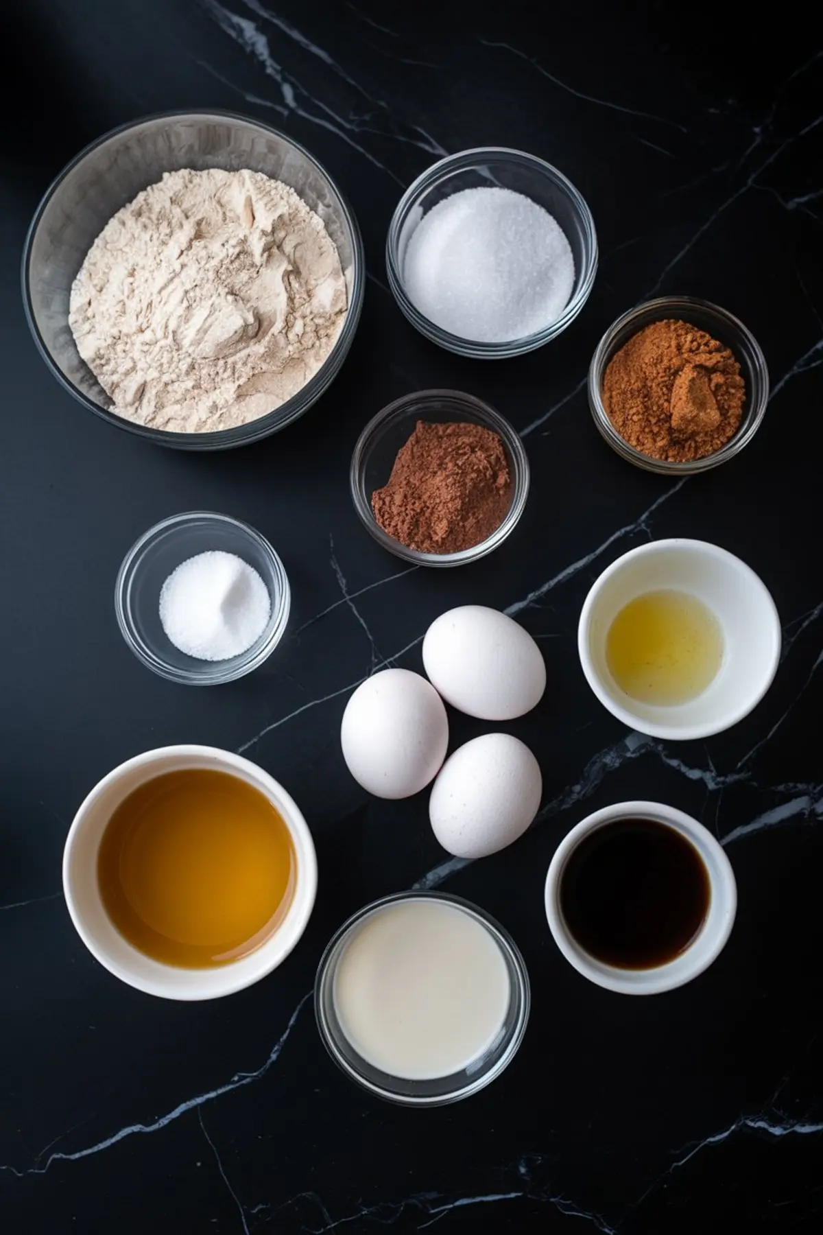 Flat lay of baking ingredients for chocolate cupcakes, including flour, cocoa powders, sugar, eggs, vanilla extract, milk, and oil on a black marble surface.