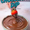 Collage image showing a hand holding a strawberry over a bowl of glossy chocolate dip, with blue and white text reading “Chocolate Dip Dessert dip recipes” above the scene.