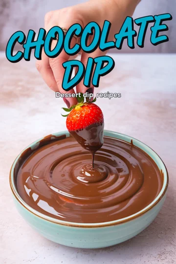 Collage image showing a hand holding a strawberry over a bowl of glossy chocolate dip, with blue and white text reading “Chocolate Dip Dessert dip recipes” above the scene.