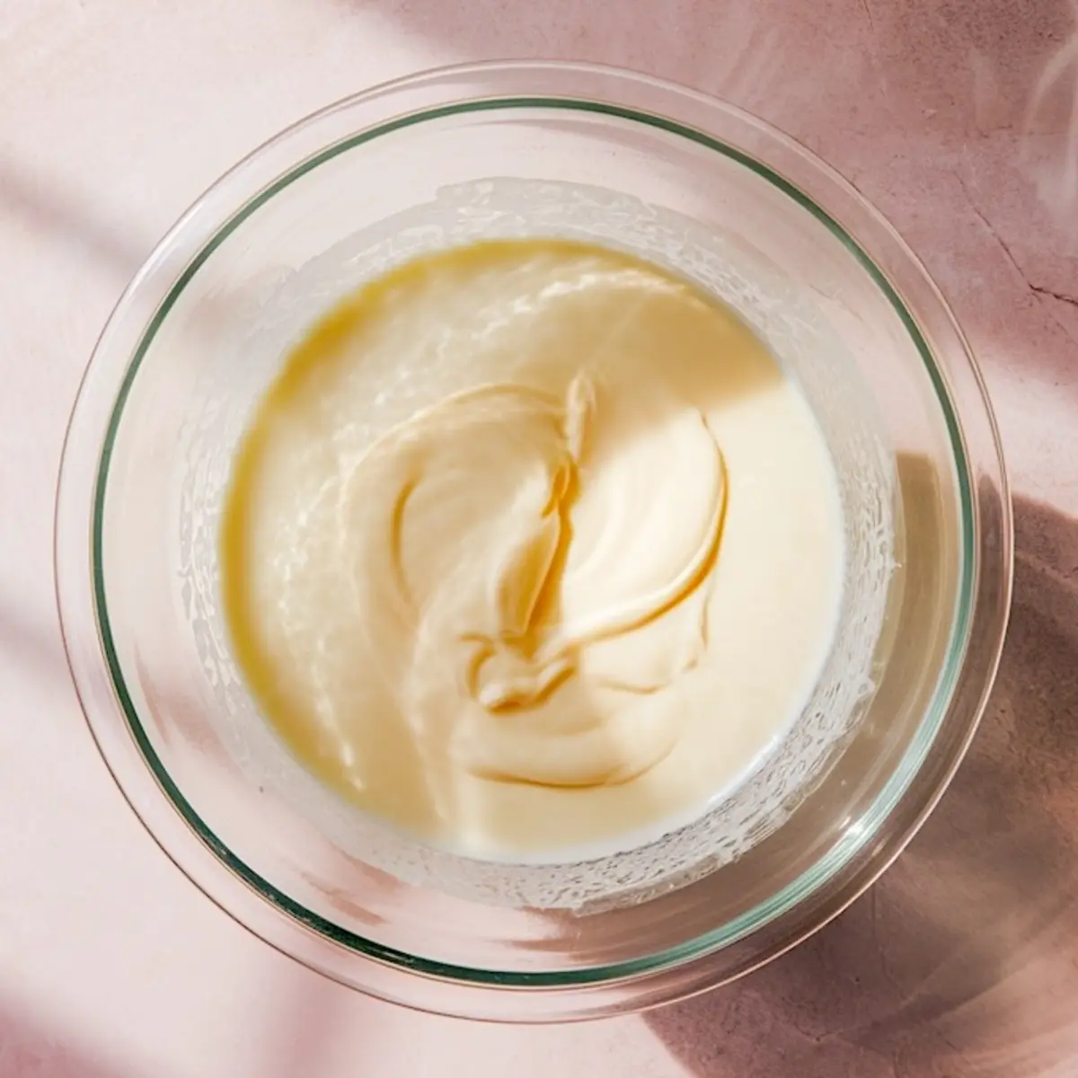 Whipped white chocolate ganache in a glass bowl, featuring a silky, pale yellow texture with light shadows across a pink surface.