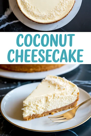 Collage featuring a whole coconut cheesecake on a white platter and a plated slice garnished with shredded coconut. This no bake coconut cheesecake blends tropical flavors, resembling a pineapple cheesecake with hints of almond joy cheesecake.