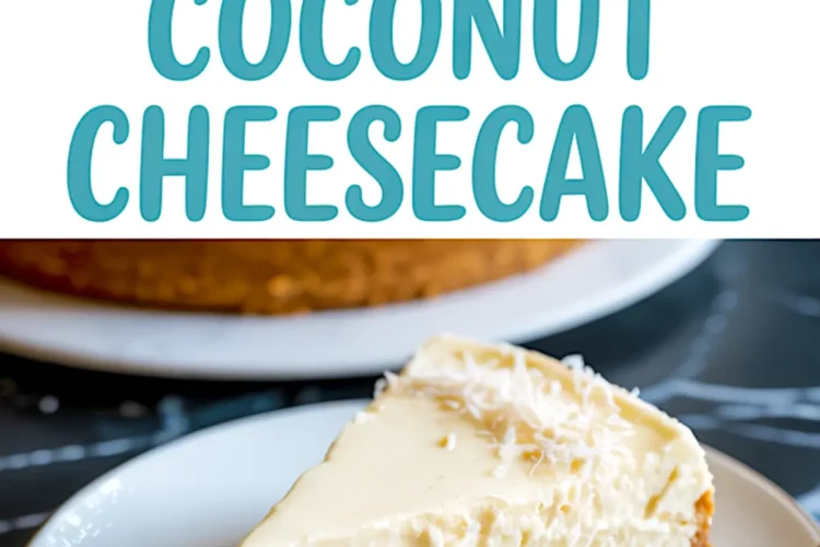 Collage featuring a whole coconut cheesecake on a white platter and a plated slice garnished with shredded coconut. This no bake coconut cheesecake blends tropical flavors, resembling a pineapple cheesecake with hints of almond joy cheesecake.