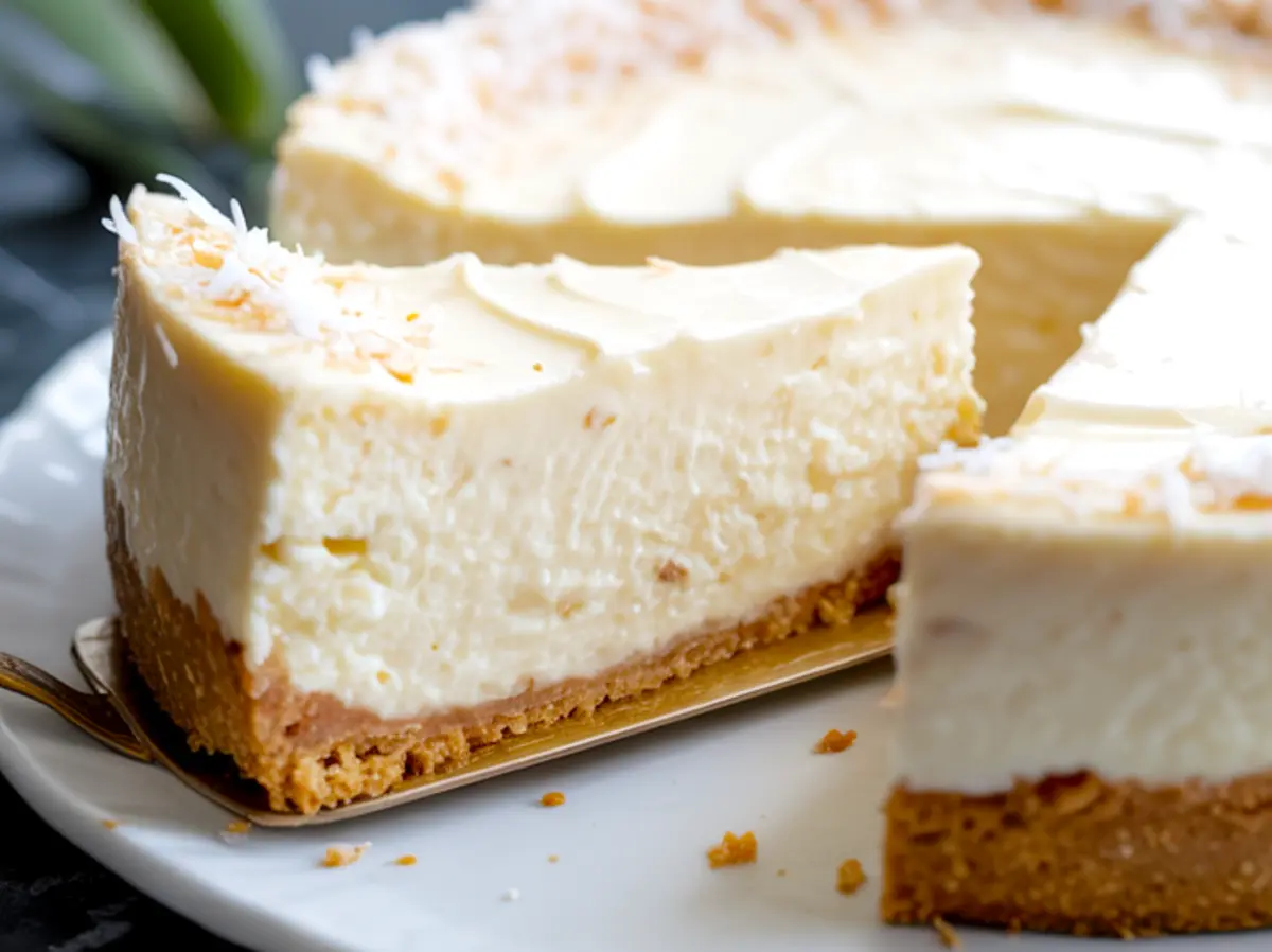 Close-up of a thick slice of coconut cheesecake being served, highlighting the graham cracker crust and creamy filling. The texture resembles a blend of coconut cream dessert and banana cheesecake, inspired by Cheesecake Factory coconut cheesecake flavors.
