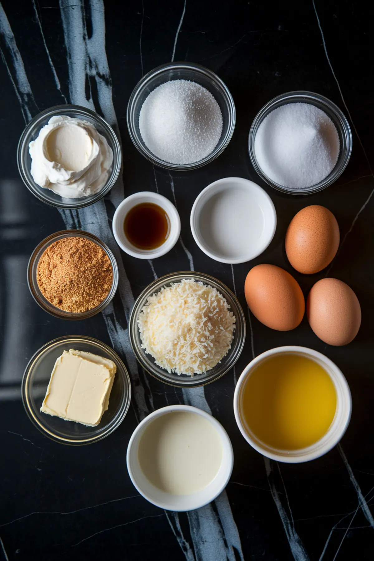 Flat lay of ingredients for a no bake coconut cheesecake, including cream cheese, sugar, shredded coconut, eggs, graham cracker crumbs, vanilla extract, butter, heavy cream, and coconut milk. These elements create a rich coconut pudding-like filling, blending flavors similar to Almond Joy cheesecake and pineapple cheesecake.
