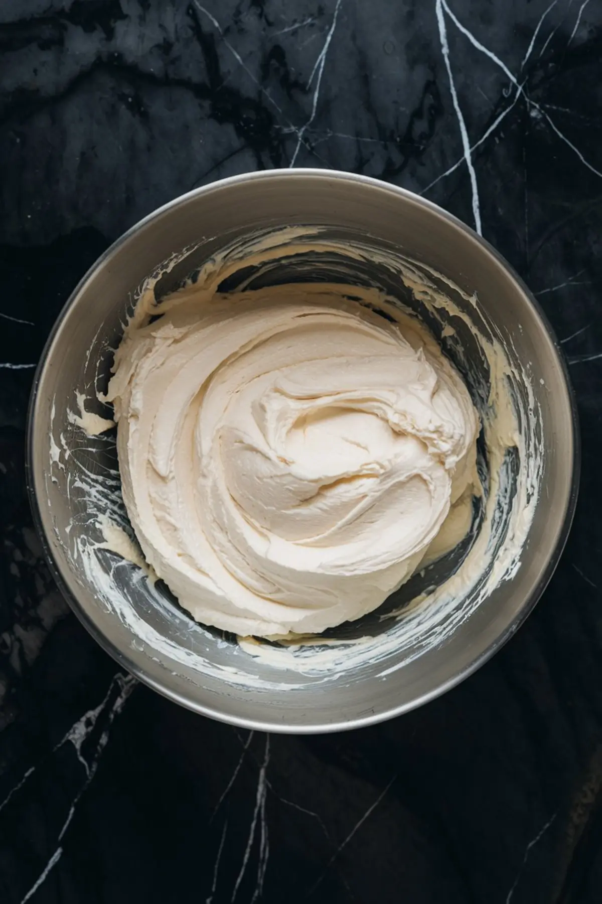 Smooth, whipped cream cheese mixture in a metal mixing bowl, showcasing the creamy filling for the best cheesecake recipe. This rich vanilla cheesecake batter will be layered over a graham cracker crust to make a decadent coconut cream dessert.
