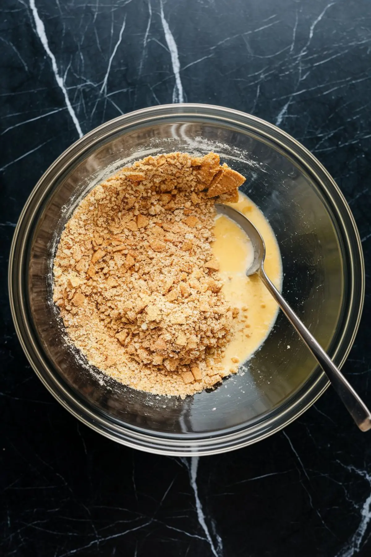 Crushed graham crackers mixed with melted butter in a glass bowl, forming the base for a coconut cheesecake. The mixture is being stirred with a metal spoon, preparing the crust for this coconut cream dessert inspired by Coconut Cheesecake Factory recipes.
