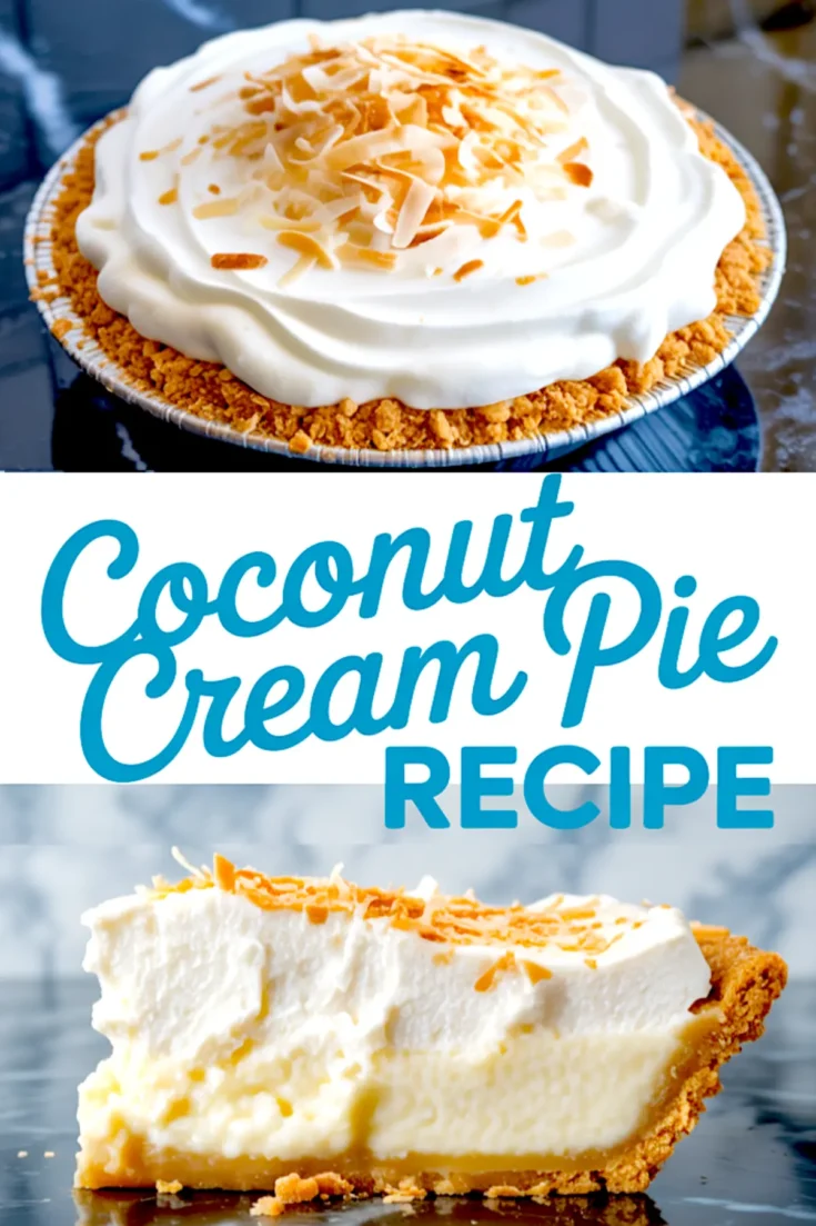 Vertical collage showing a whole coconut cream pie topped with whipped cream and toasted coconut flakes, alongside a close-up slice revealing the creamy filling and crumb crust, labeled “Coconut Cream Pie Recipe.”