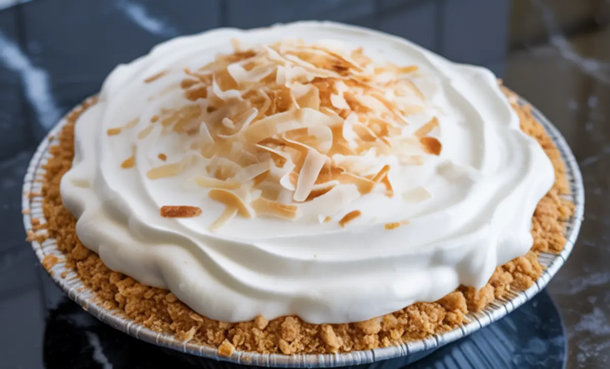 Close-up of a coconut cream pie in a foil pan with a thick whipped topping and toasted coconut flakes over a golden graham cracker crust.