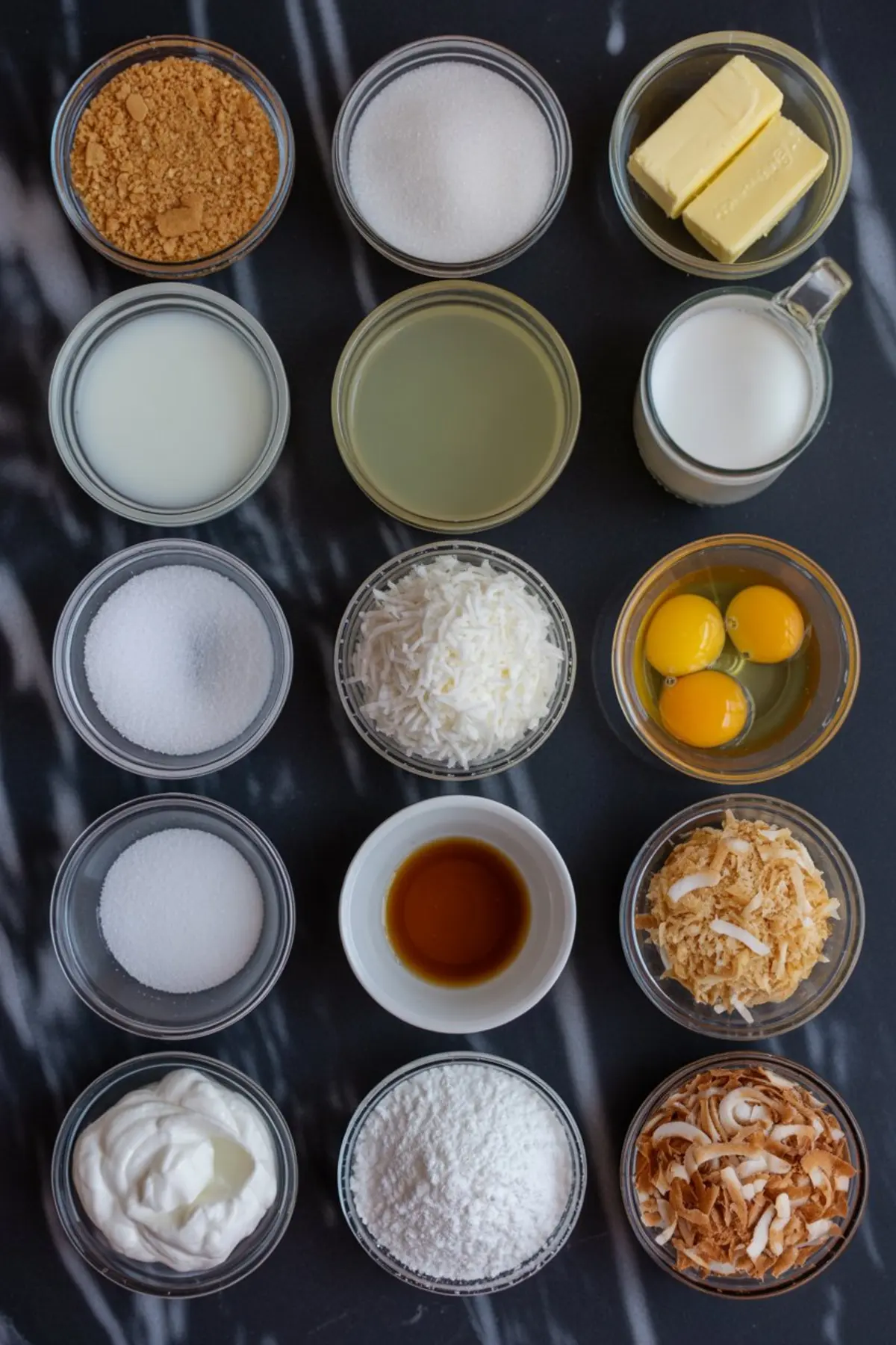 Overhead view of measured ingredients in small bowls for making coconut cream pie, including graham cracker crumbs, sugar, butter, eggs, shredded coconut, milk, and vanilla extract.