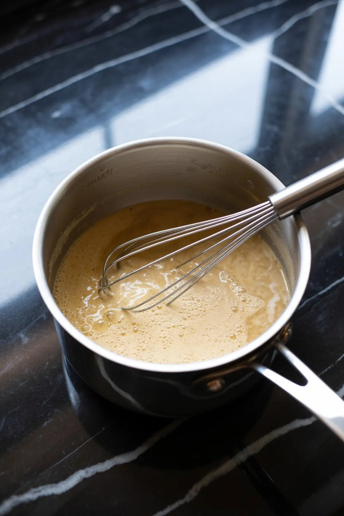 A saucepan filled with a thick, golden custard mixture being whisked on a black marble countertop, part of a creamy dessert preparation process.