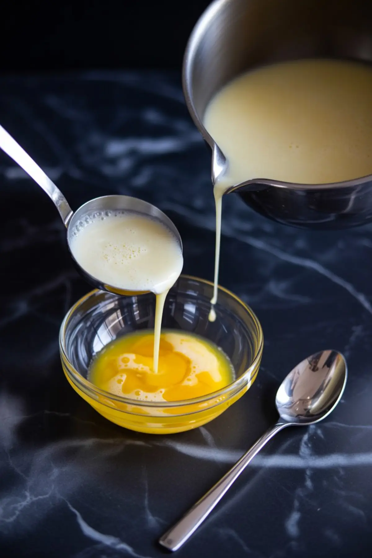 Warm milk mixture being slowly poured from a saucepan into a bowl of egg yolks for tempering, captured with a metal ladle and spoon beside the bowl.