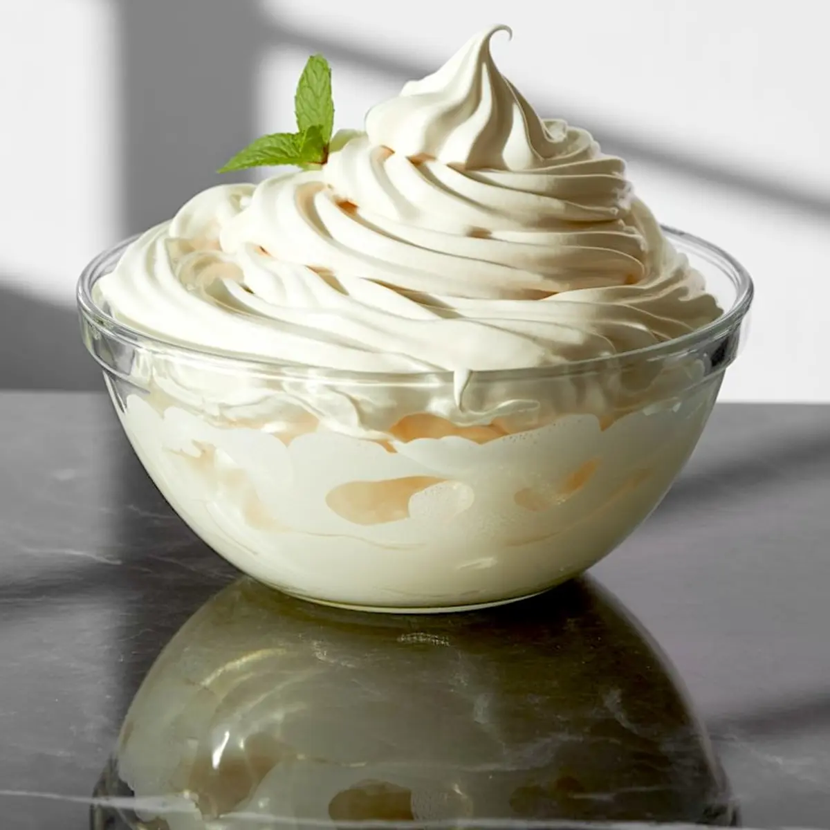 A clear glass bowl filled with fluffy whipped cream piped in elegant swirls, garnished with a mint sprig, ideal for dessert topping or filling.