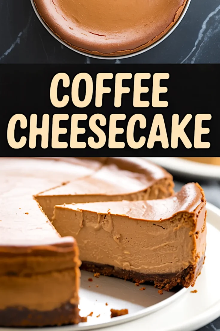 Collage image featuring a whole coffee cheesecake with a smooth, shiny surface, bold text “Coffee Cheesecake,” and a close-up of a thick slice showing its dense, velvety texture with dark cookie base.