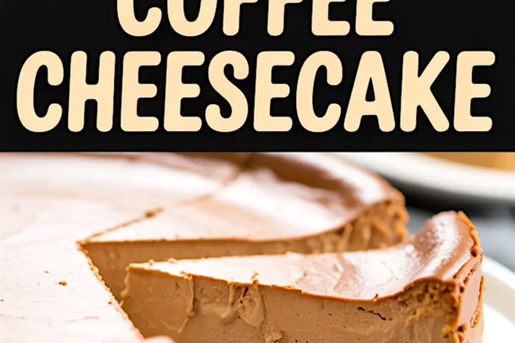 Collage image featuring a whole coffee cheesecake with a smooth, shiny surface, bold text “Coffee Cheesecake,” and a close-up of a thick slice showing its dense, velvety texture with dark cookie base.