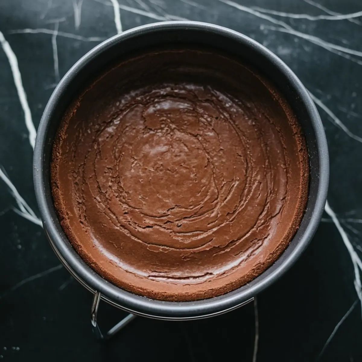 Freshly baked chocolate cheesecake base in a springform pan with smooth, even surface and rich dark color, cooling on a dark marble background.
