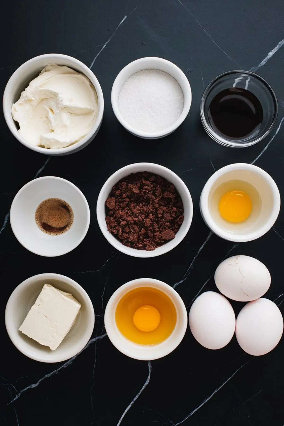 Flat lay of coffee cheesecake ingredients in small bowls, including cream cheese, granulated sugar, vanilla extract, instant coffee, cocoa powder, eggs, and butter, arranged on a black marble surface.
