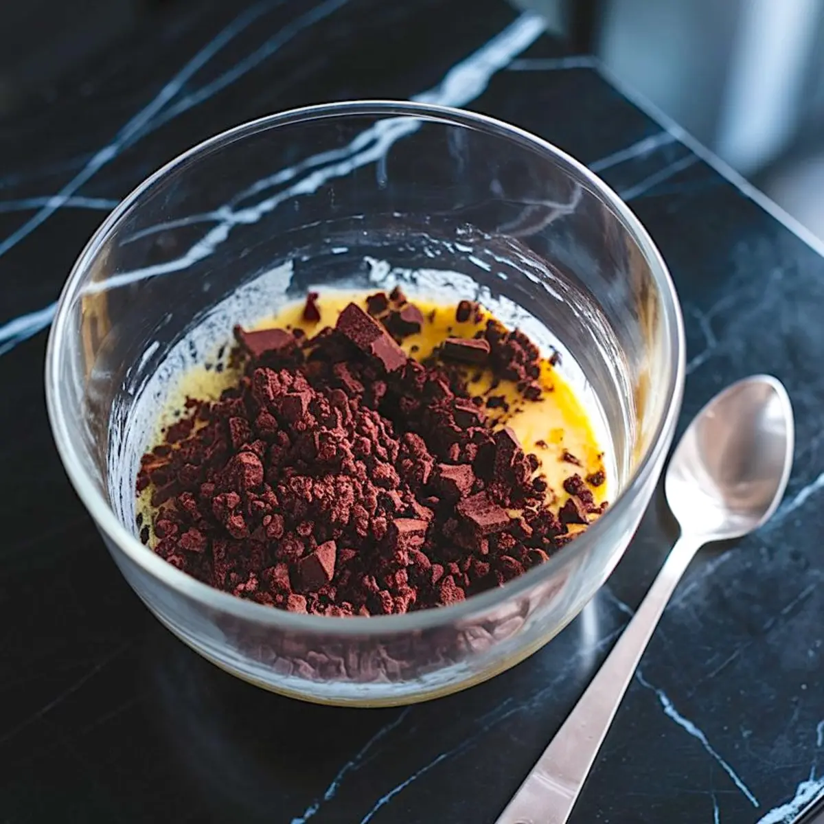 Glass bowl filled with crumbled chocolate cookies and melted butter mixture, prepared for a cheesecake crust, placed on a black marble countertop beside a metal spoon.
