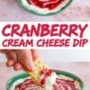 Cranberry cream cheese dip in a green bowl with vibrant red cranberry swirl and a hand dipping a cracker, with bold title text overlay.