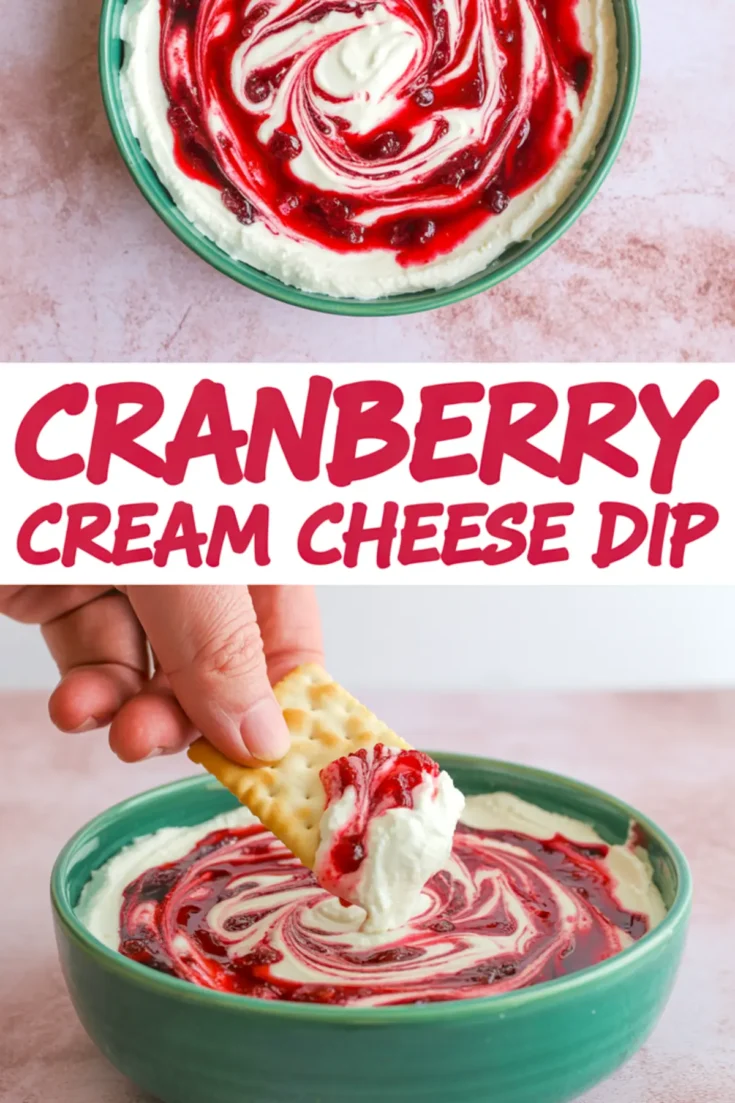 Cranberry cream cheese dip in a green bowl with vibrant red cranberry swirl and a hand dipping a cracker, with bold title text overlay.