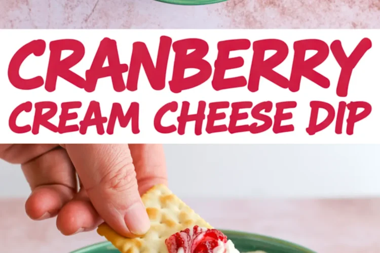 Cranberry cream cheese dip in a green bowl with vibrant red cranberry swirl and a hand dipping a cracker, with bold title text overlay.