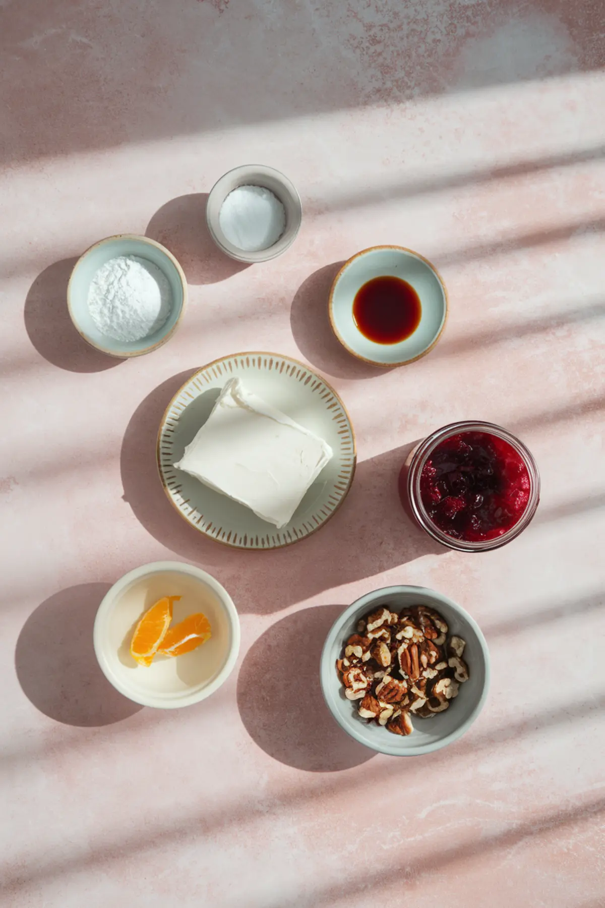 Flat lay of cranberry cream cheese dip ingredients on a pastel pink surface, including cream cheese, powdered sugar, vanilla extract, salt, orange slices, chopped pecans, and cranberry sauce.