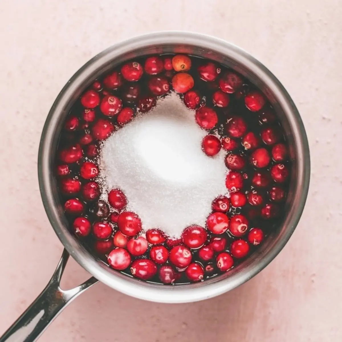 Saucepan filled with fresh cranberries, water, and granulated sugar, ready to cook for making homemade cranberry sauce.
