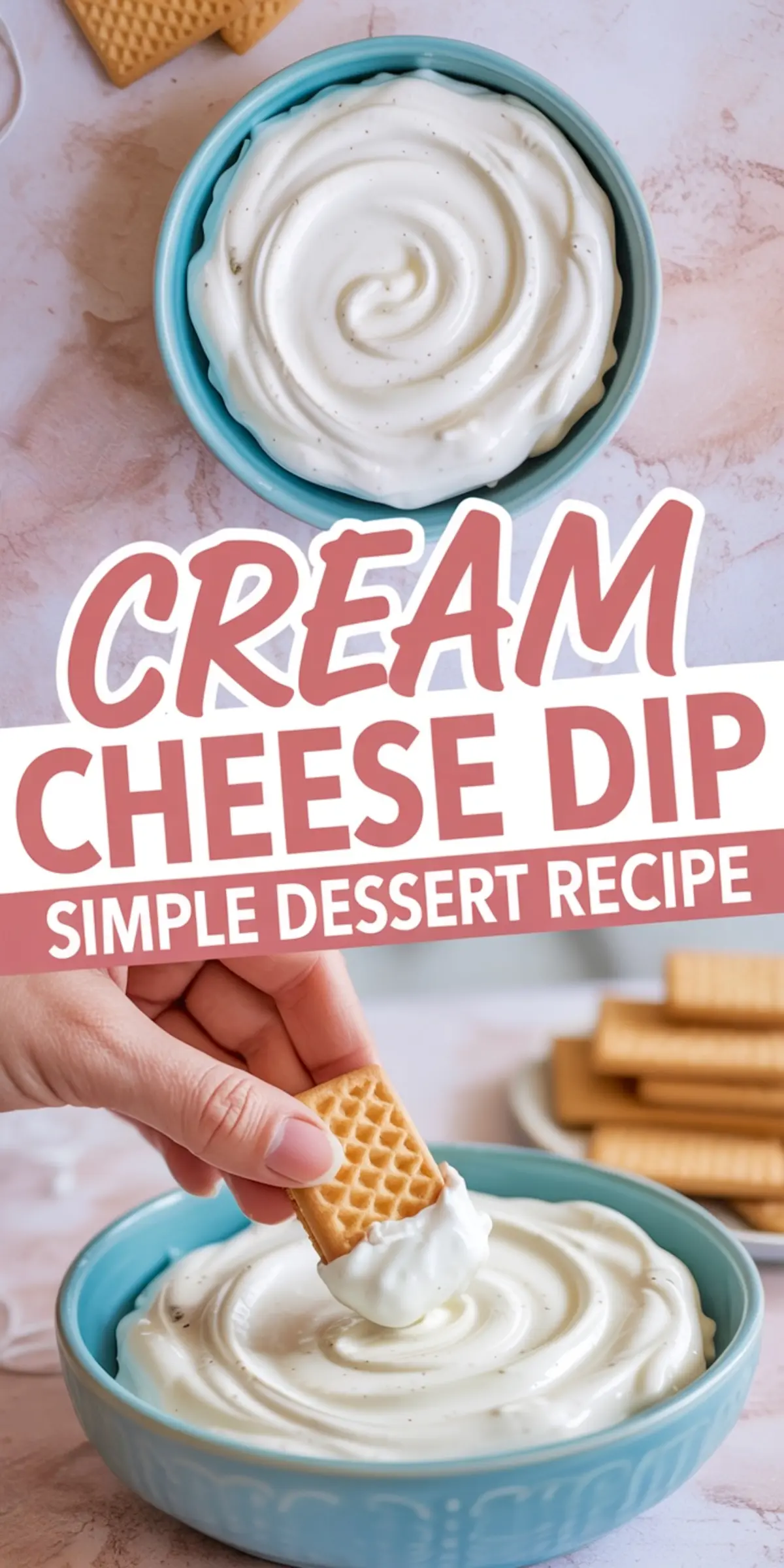 Blue bowl filled with creamy white cream cheese dip with visible vanilla specks, accompanied by rectangular wafer cookies, with a hand dipping a cookie into the dip, showcasing an easy dessert recipe.