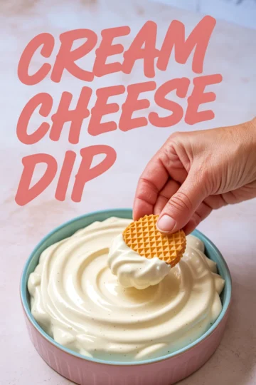Pink and teal bowl of silky cream cheese dip with text overlay “CREAM CHEESE DIP,” and a hand holding a round waffle cookie dipped into the creamy mixture, highlighting a simple dessert option.