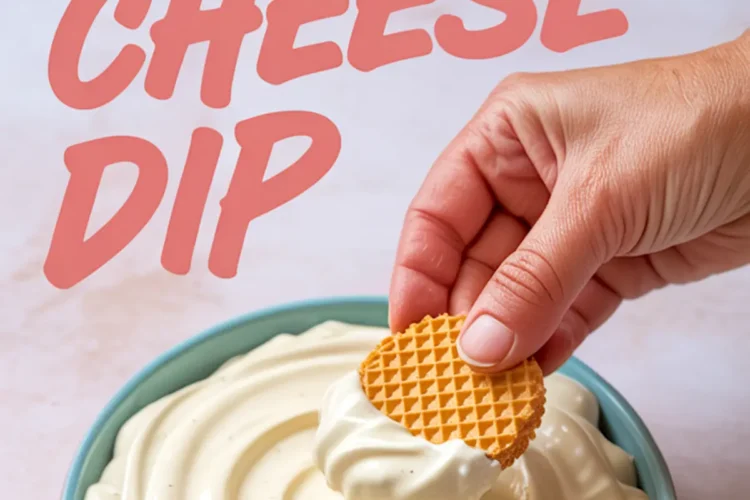 Pink and teal bowl of silky cream cheese dip with text overlay “CREAM CHEESE DIP,” and a hand holding a round waffle cookie dipped into the creamy mixture, highlighting a simple dessert option.