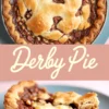 Overhead and side view collage of a baked Derby Pie filled with chocolate chips and crunchy pecans, featuring a rustic golden top crust and flaky bottom crust, served on a light blue plate.