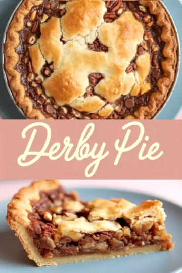 Overhead and side view collage of a baked Derby Pie filled with chocolate chips and crunchy pecans, featuring a rustic golden top crust and flaky bottom crust, served on a light blue plate.