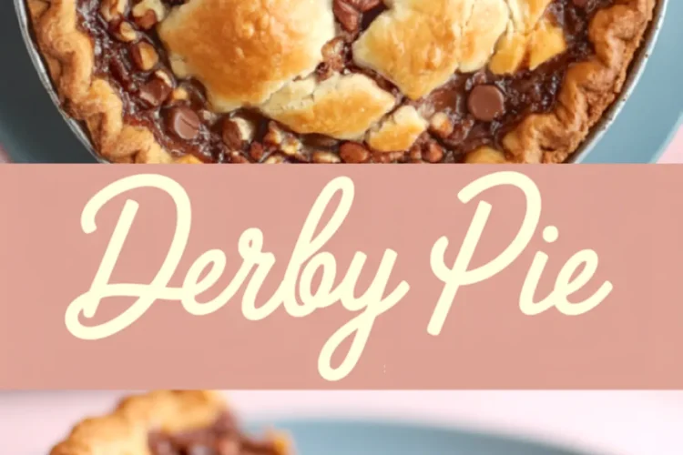 Overhead and side view collage of a baked Derby Pie filled with chocolate chips and crunchy pecans, featuring a rustic golden top crust and flaky bottom crust, served on a light blue plate.