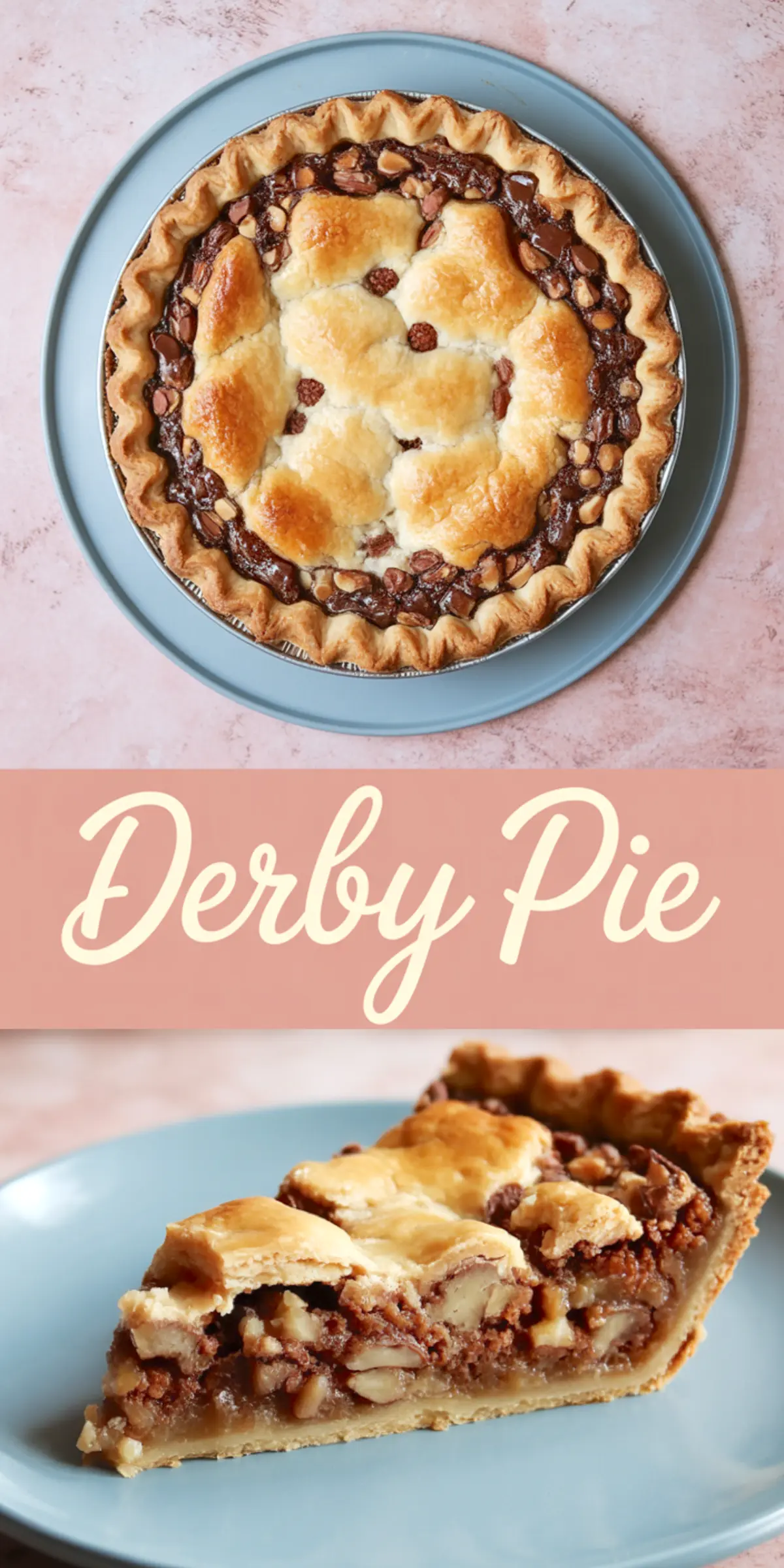 Overhead shot of baked Derby Pie with golden crust and melty chocolate chips, paired with a side view of a thick slice packed with pecans, chocolate, and gooey filling, presented on a pastel plate.
