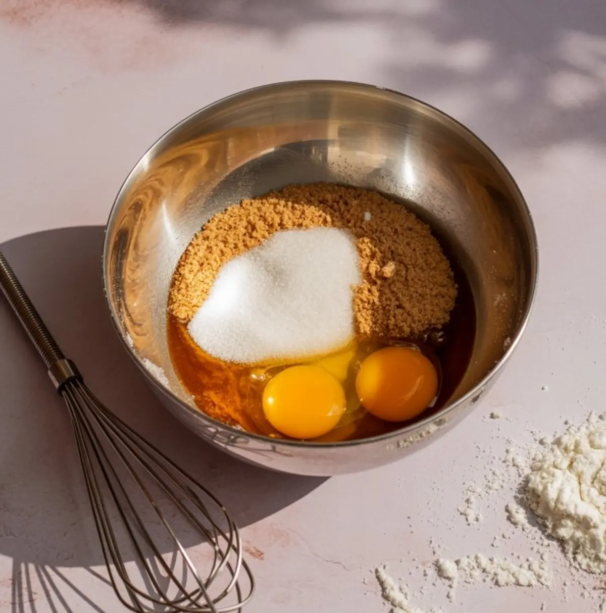 Overhead shot of a stainless steel bowl containing raw eggs, granulated sugar, and brown sugar on a light pink surface, next to a metal whisk, showing the early stage of Derby Pie filling preparation.