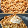 Two-panel collage: top view features a whole crumb-topped Dutch apple pie, while the bottom close-up shows a slice crowned with whipped cream, revealing glossy apple layers and flaky crust in one vertical graphic.