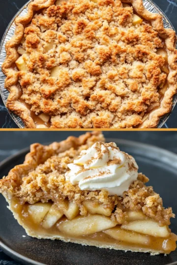 Two-panel collage: top view features a whole crumb-topped Dutch apple pie, while the bottom close-up shows a slice crowned with whipped cream, revealing glossy apple layers and flaky crust in one vertical graphic.